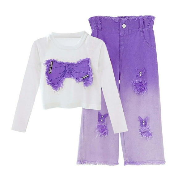 RUTAYY Teen Girls Clothing Sets Long Sleeve with Bow and Ripped Denim Jeans 2-Pack with Pocket Chic Casual Outfit Sets