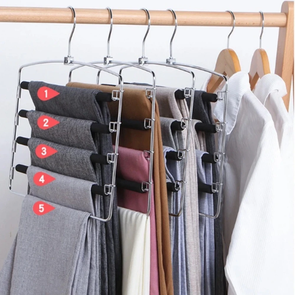 Pants Hangers Space Saving 2Pcs, Metal Heavy Duty Trousers Hanger with Swing Arm, 5 Layer Jeans Hanger Non-Slip, Pant Hanger Closet Organizer for Skirt Tie Slack Clothes, Black, by tutuviw
