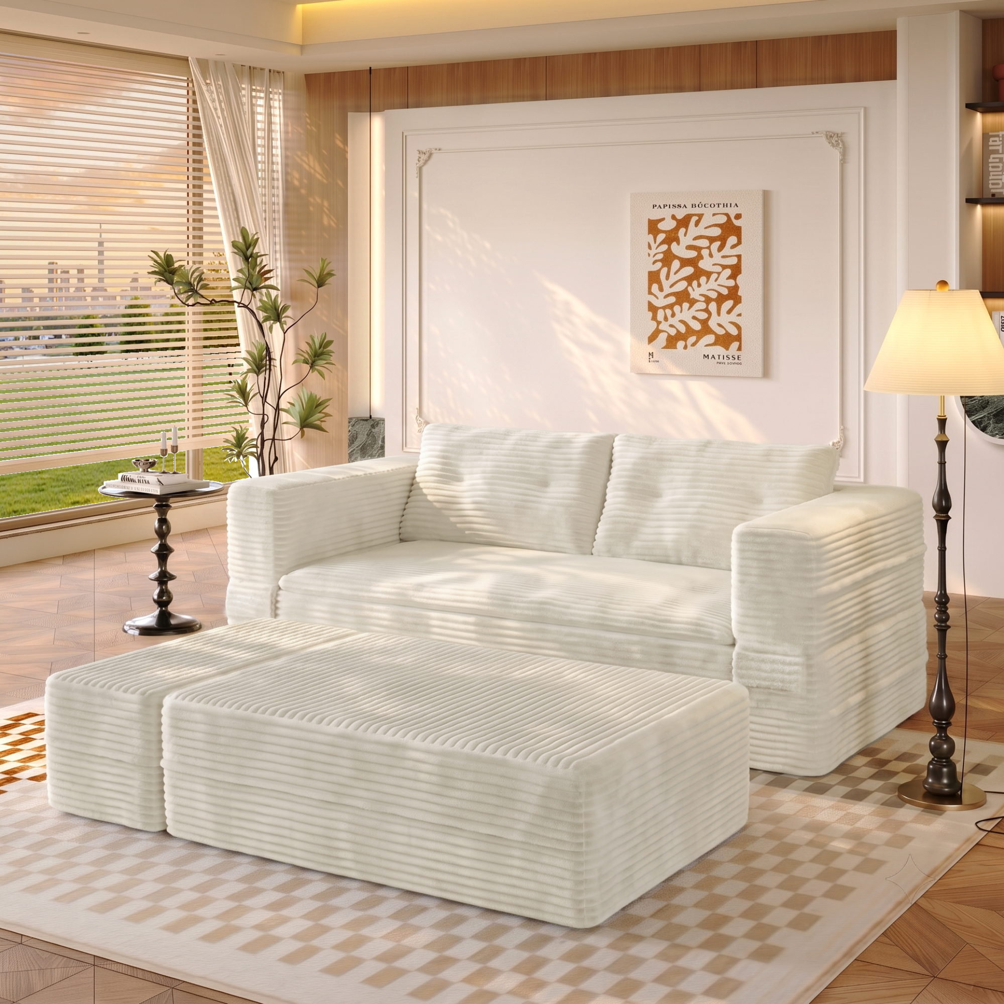 HOQBN 80" King Size Sleeper Sofa Bed, Plush Corduroy Deep Seat Sofa Couch with Independent Chaise and Functional Blanket for Living Room, Bedroom Beige+White