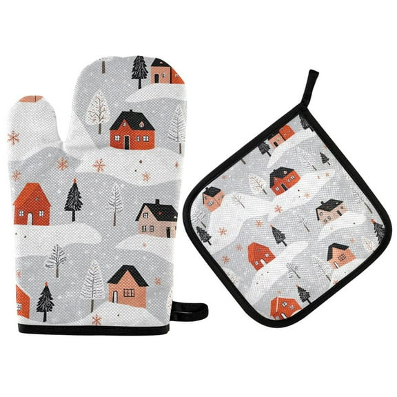 Yayeee Oven Mitts and Pot Holder Set of 2 Heat Resistant Kitchen Gloves Baking Hot Pad, Cartoon Red Houses
