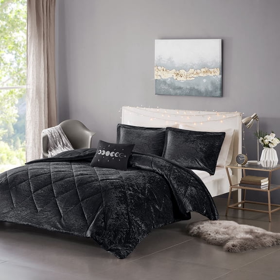 Full/Queen Velvet Comforter Set with Throw Pillow,Black Polyester Household Supplies Décor Bedding Bedding Sets