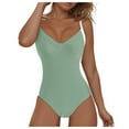 thumbnail image 4 of Wamejoo Women Wide Straps V Neck One Piece Swimsuit Lace Up Tummy Control Slimming Bathing Suit Cross Back Swimwear (Light Green, XL), 4 of 9