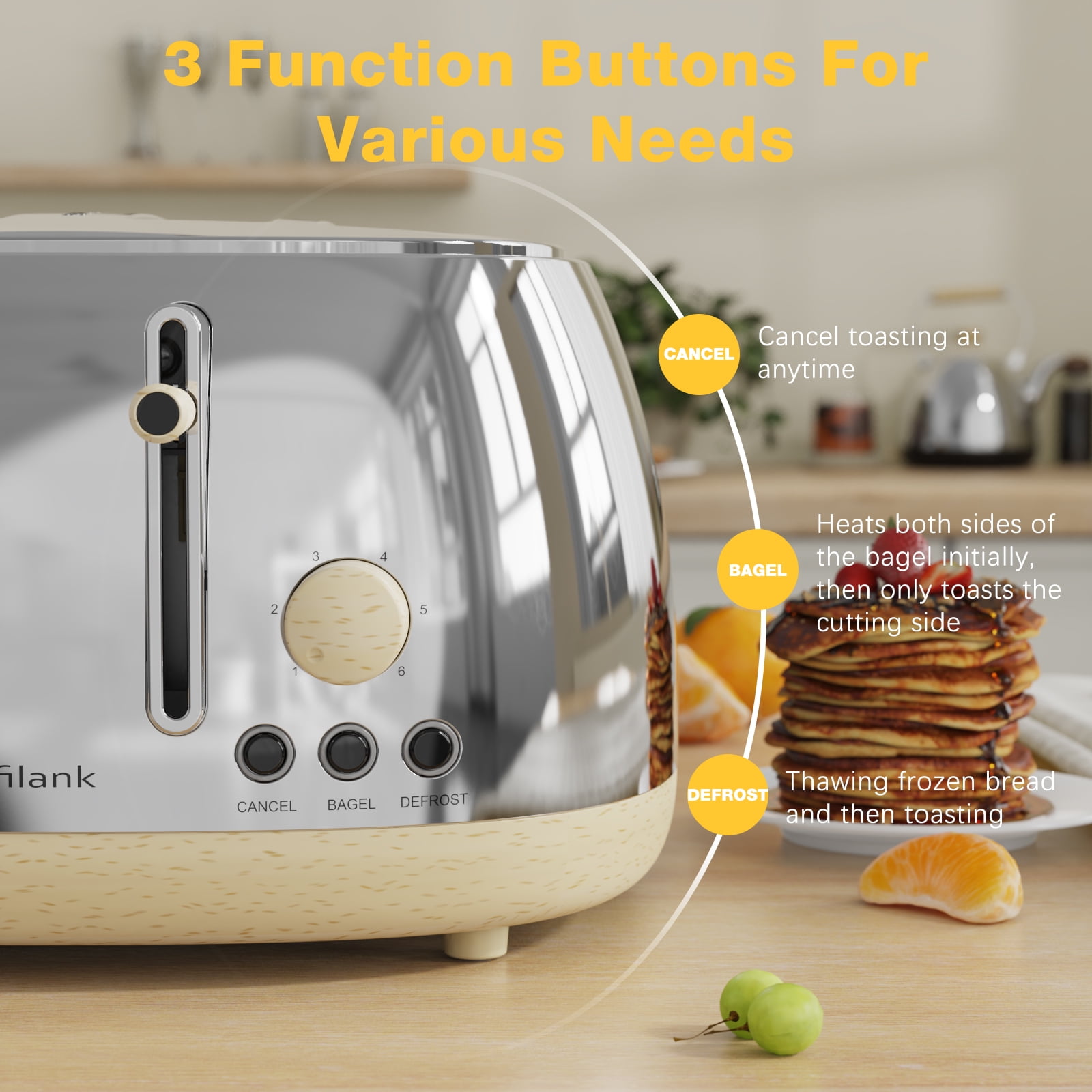 ANFILANK 4-Slice Retro Stainless Steel Toaster with Extra Wide Slots, Removable Crumb Tray & Warming Rack - Perfect for Bread & Breakfast Sandwiches