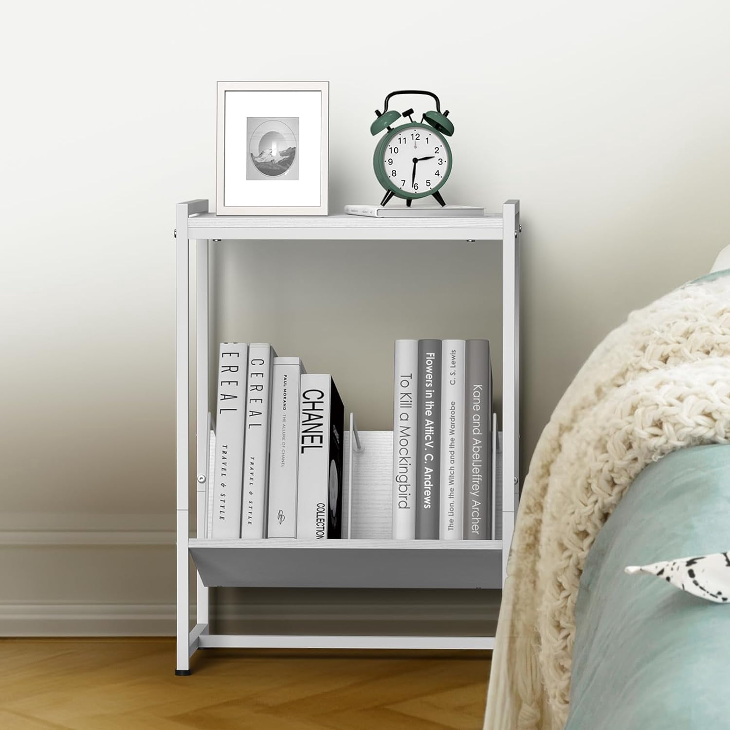 2-Tier End Table Record Player Stand with Wheels and Vinyl Storage Shelf, White