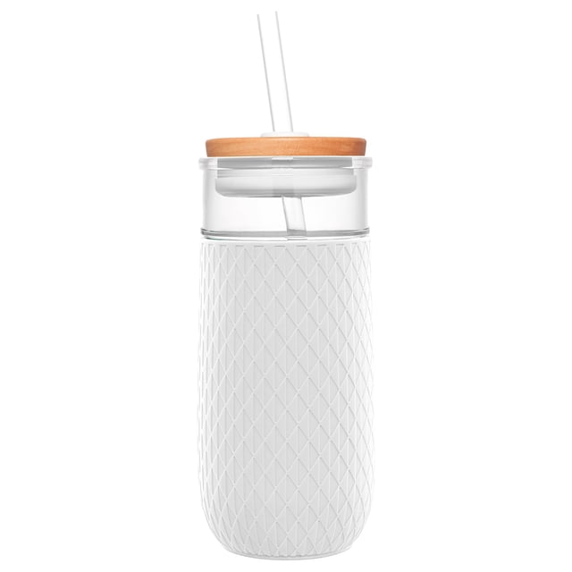 Ello Devon - Vaso de vidrio de 18 onzas con popote, tapa de madera de bambú y funda de silicona, perfecto para café helado, té y batidos, color blanco