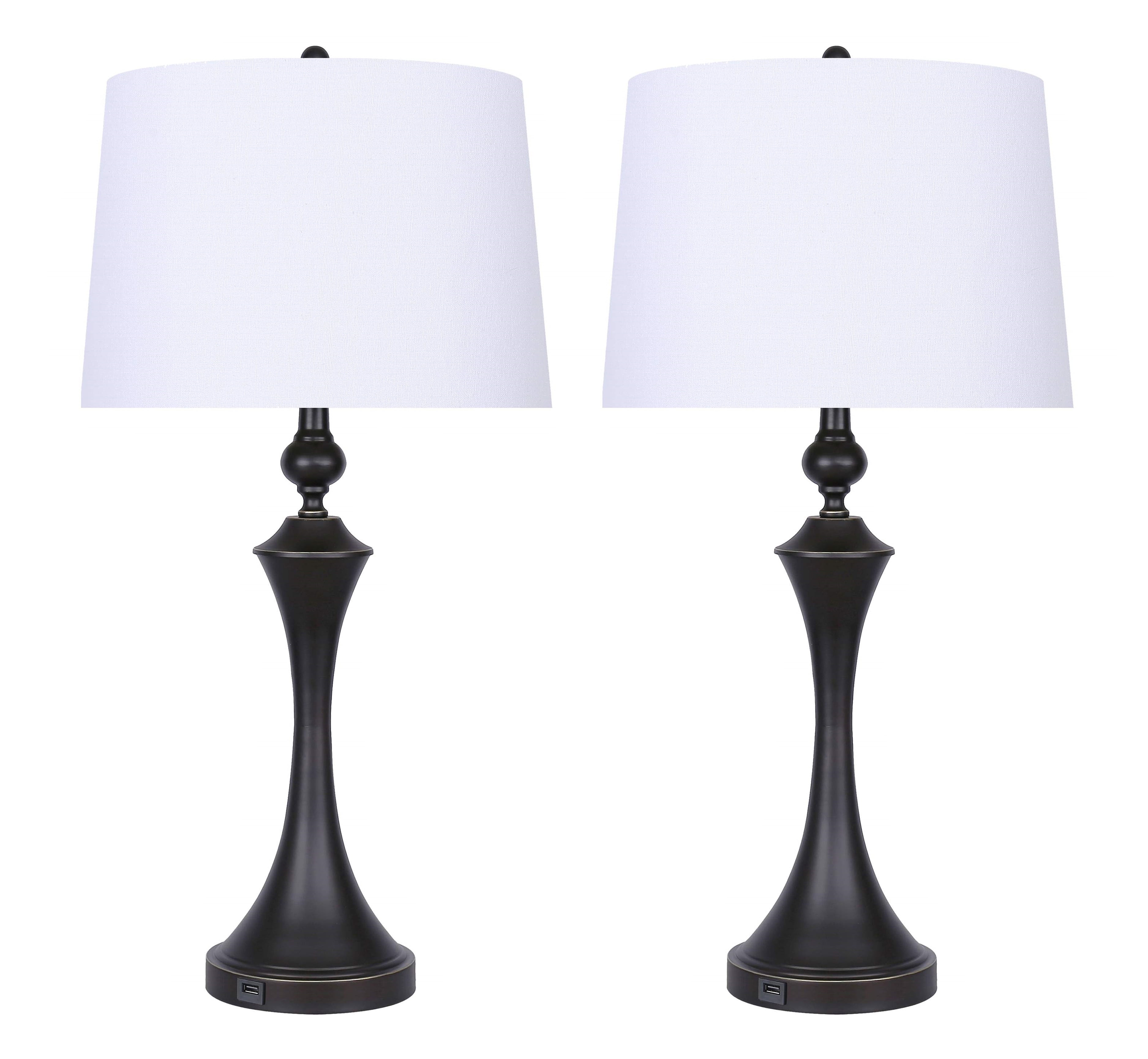 Set of 2 Oil-Rubbed Bronze Table Lamps with Off-White Linen Shades and USB Ports