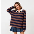 thumbnail image 3 of Women Long Sleeve Striped Polo Shirt Oversized Collar Y2k Pullover T Shirt Casual Loose Streetwear Rugby Sweatshirt，Coffee，2XL, 3 of 6