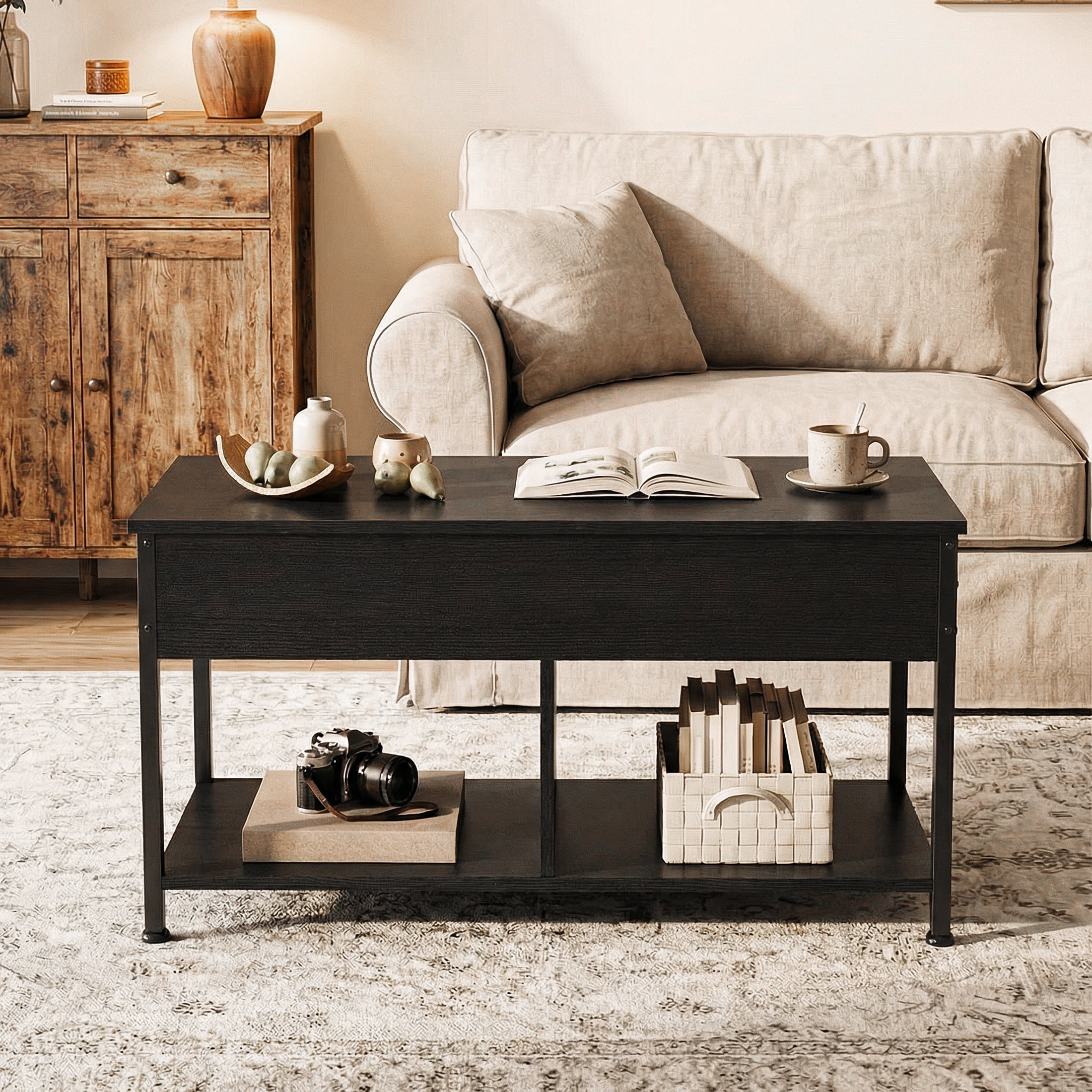 EDX Lift-Top Coffee Table , Adjustable Height Convertible Center Table with Storage, for Living Room, Black