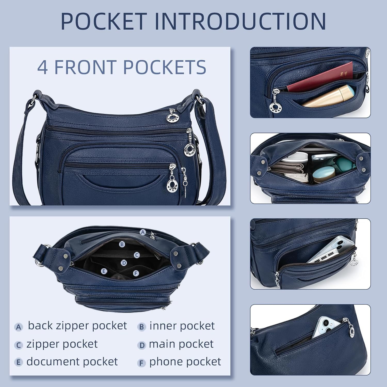 Crossbody Bag for Women Multi Pocket PU Leather Shoulder Handbag Large Capacity Lightweight Purse for Daily Use