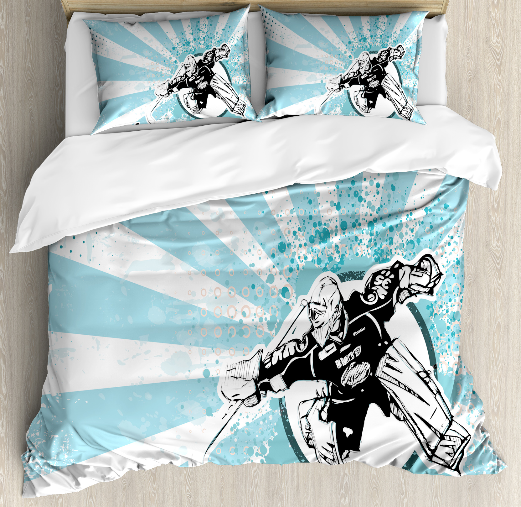 Hockey Queen Size Duvet Cover Set, Grungy Retro Style Halftone