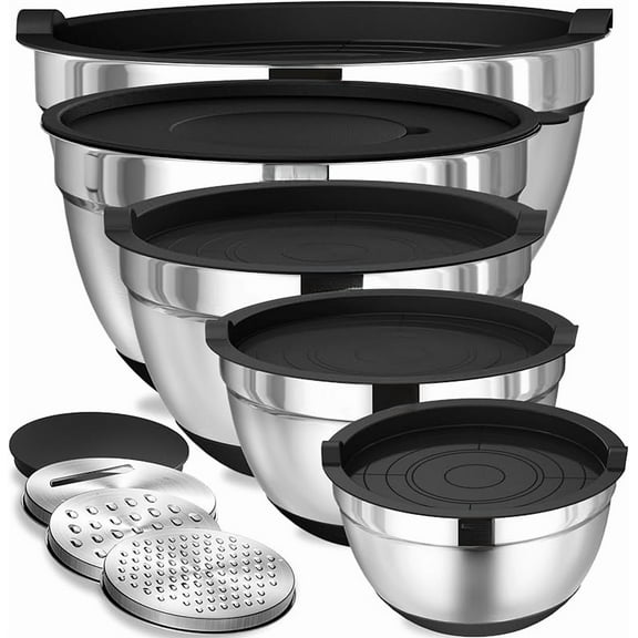 WZW Chef Mixing Bowls with Airtight Lids, 8PCS Stainless Steel Nesting Mixing Bowls Set, 3 Grater Attachments & Non-Slip Bottoms, Black Kitchen Bowls, Size 5, 4, 3.5, 2, 1.5QT for Baking & Serving