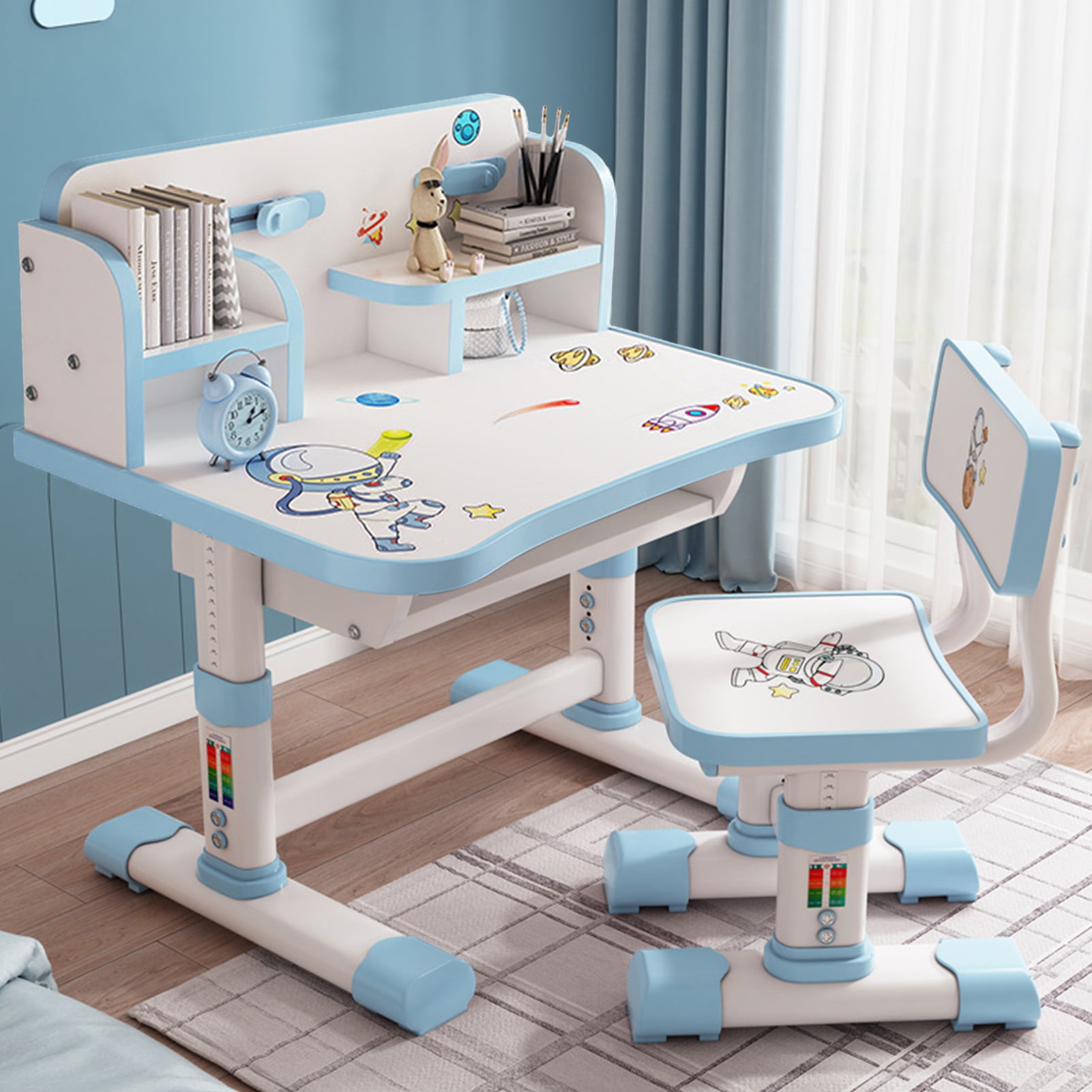 AQMD  Kids' Desk Chairs Set, Height Adjustable Child Study Desk with Castle Backboard, Widened Desktop, Bookstand and Storage Drawer (Blue)