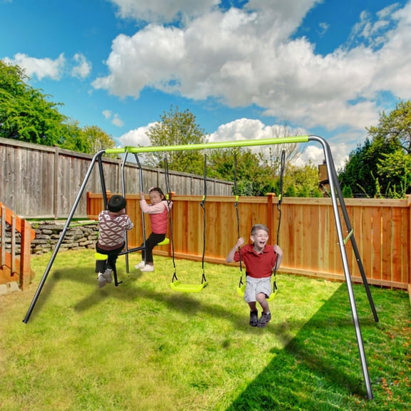 iRerts Metal Swing Set, 3 in 1 Outdoor Swing Set for Kids Boys Girls, Heavy Duty Kids Swing Sets with 2 Single Swings and 1 Swing Glider, Kids Playground Backyard Set for Garden Park, Black/Green