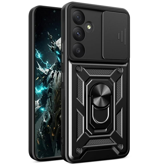 CSmall for Samsung Galaxy A55 Case with Slide Camera Cover for Men, Military Grade Drop Proof Phone Cover with Rotate Ring Kickstand Lens Protection Case for Samsung A55 5G SJ Black