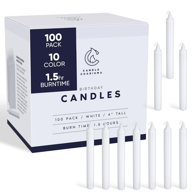 vela spell candles charisma 100, color blanco, 4 cm, 1,5 h de duración caja de 100 velas cónicas blancas de 4 cm, vista frontal con pack cuadrado y filas de velas delante; superficie lisa de parafina y mecha central visible, tiempo de combustión 1.5 hr indicado en el embalaje; adecuada para rituales, meditación y decoraciones y para combinar con campanillas.