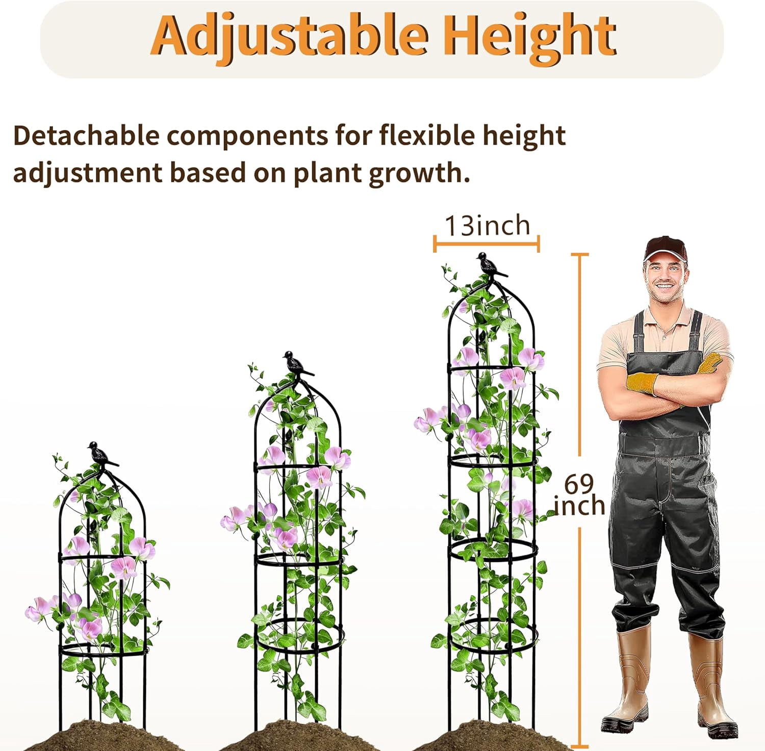 1 Pack Garden Obelisk Trellis for Climbing Plants Outdoor, 6FT Adjustable Metal Plant Support with 3 Decorative Tops, Rustproof Trellis for Roses, Tomatoes, Clematis & Vines