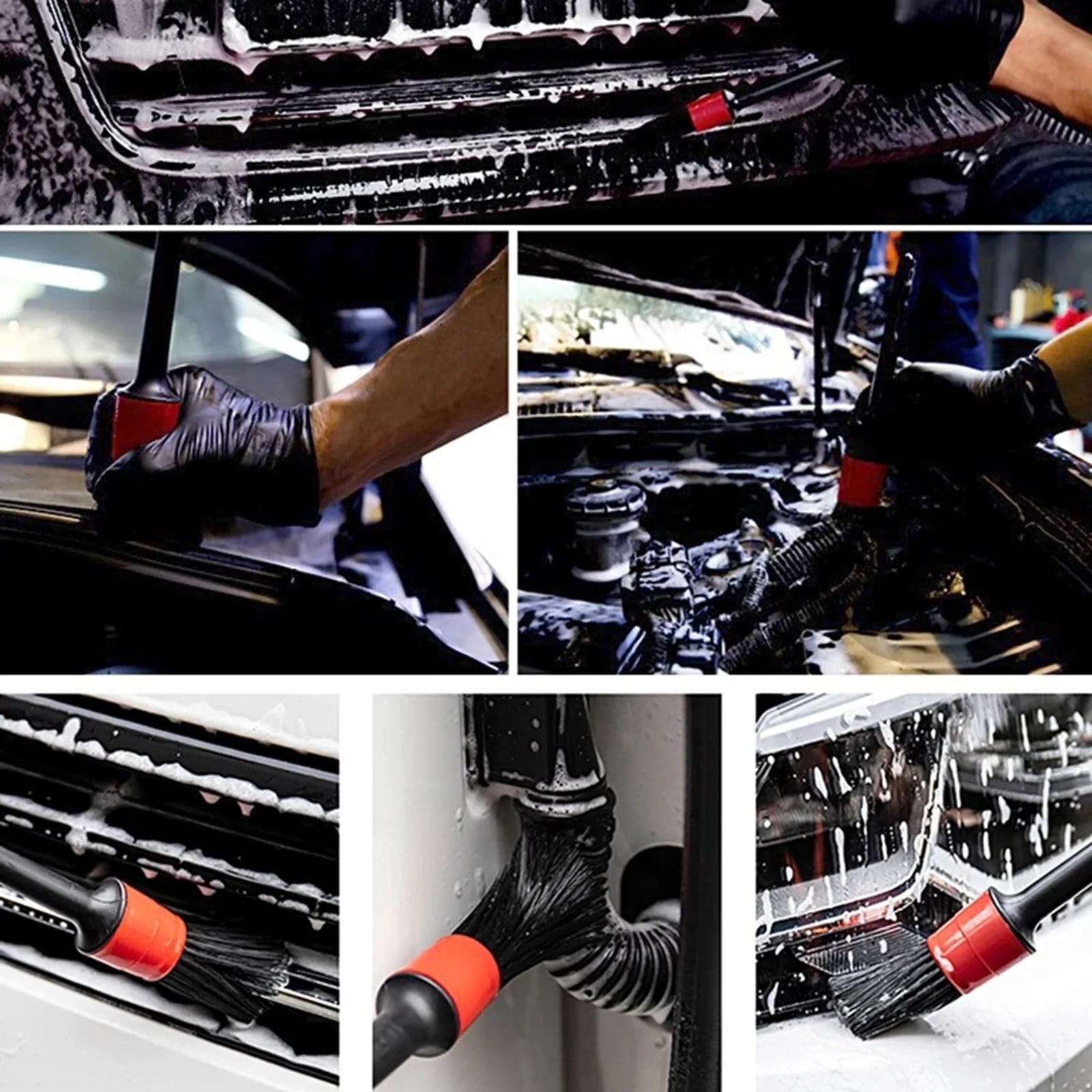 RuiJiao Car Detailing Brush Kit 8-Piece Set, Plastic Bristle Brushes for Interior Wheels Cleaning, No Scratch Safe for All Vehicles, Includes Wash Gloves and Towels