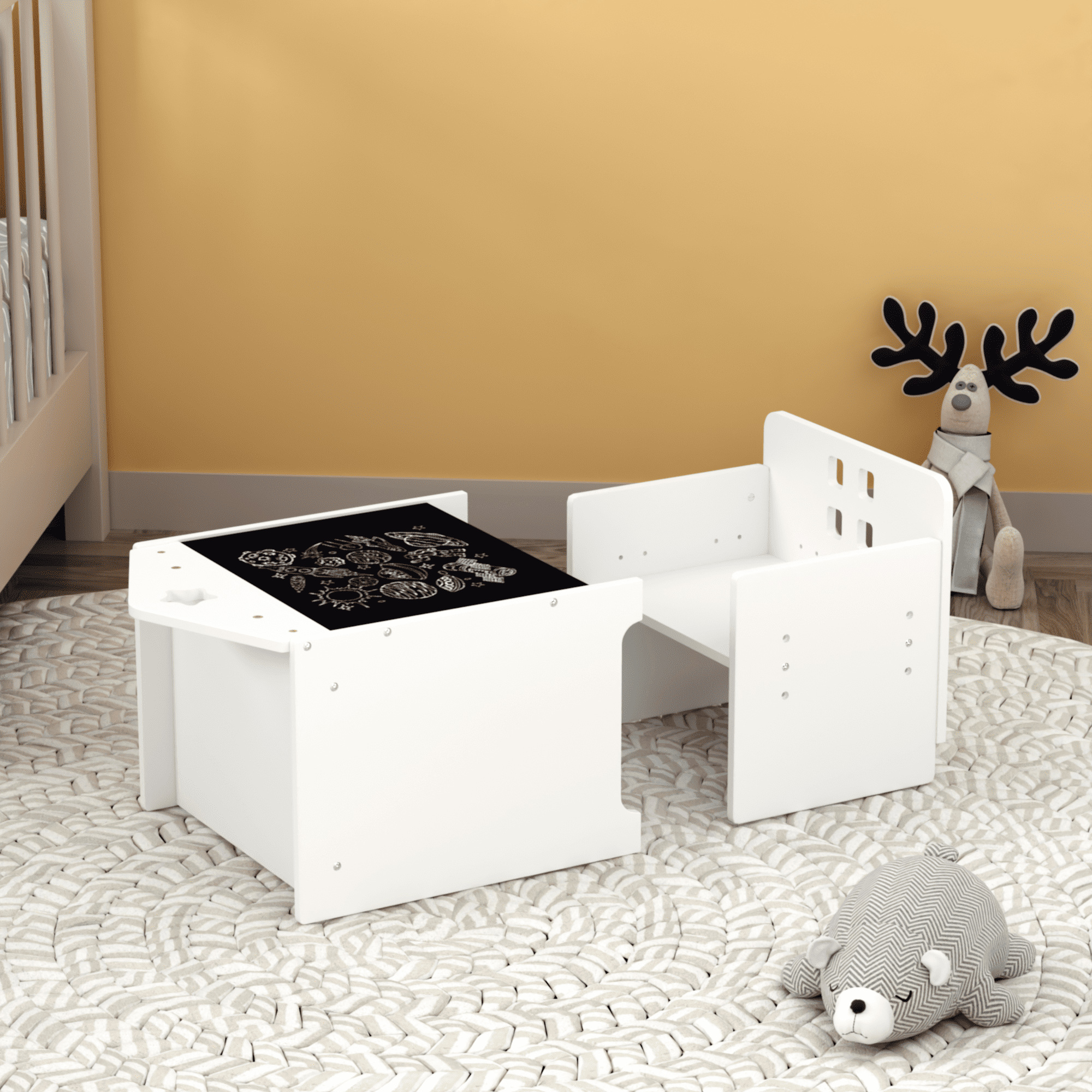 Kids Table and Chair Combo Unit with Writable Surface Adjustable Seat MDF Childrens Activity Furniture