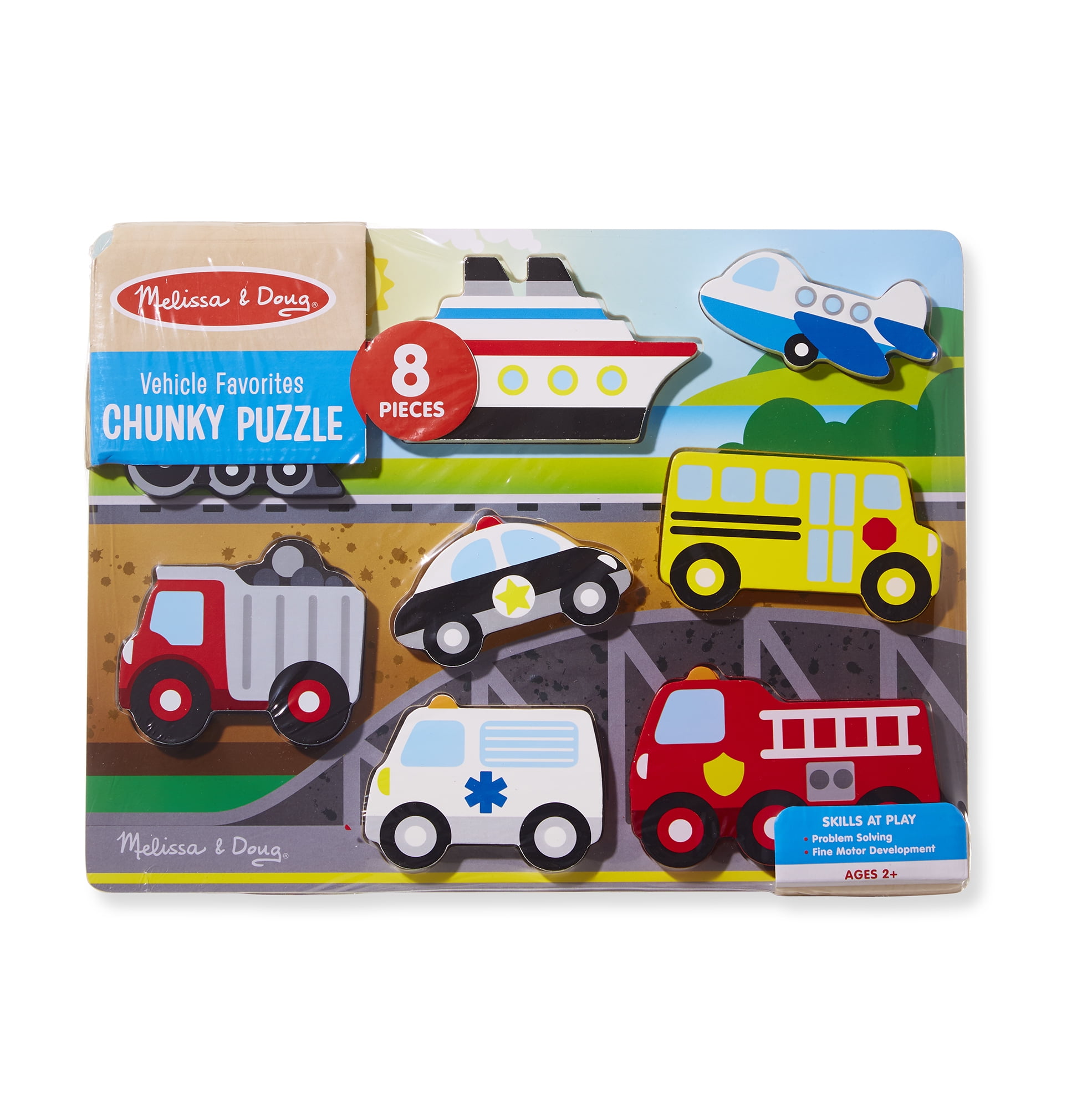 Wooden Chunky Vehicle Puzzle 8 Pieces Shape Recognition Toddler 