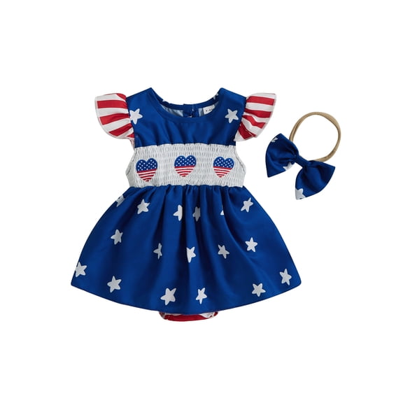 BemeyourBBs Toddler Baby Girls 4th of July Outfit Summer Smocked Rompers Dress Patriot Independence Day Clothes Star Print Fly Sleeve Bodysuits Jumpsuits Playsuit Dress with Headband