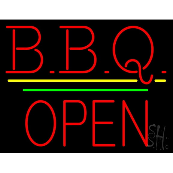 BBQ Block Open Green Line LED Neon Sign 24 x 31 - inches, Black Square Cut Acrylic Backing, with Dimmer - Bright and Premium built indoor LED Neon Sign for restaurant window and interior decor.