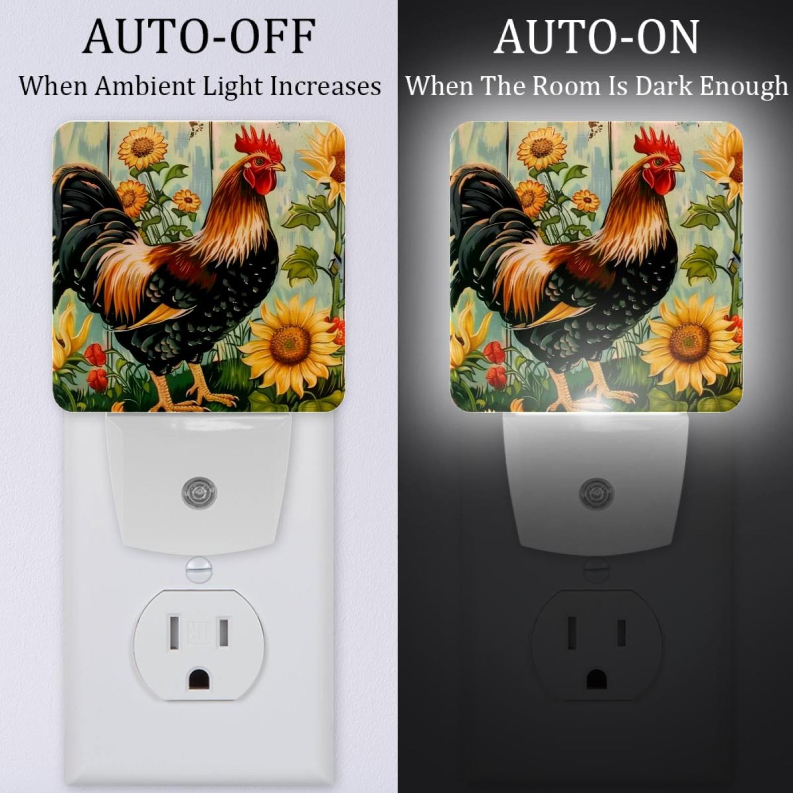 PhooArto Farmhouse Sunflower Rooster Plug in LED Night Light Auto Sensor Dusk to Dawn Decorative Night for Bedroom, Bathroom, Kitchen, Hallway, Stairs, Baby's Room, Energy Saving