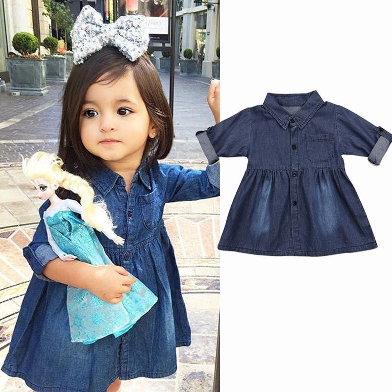 Toddler Kids Baby Girls Denim Jeans One piece Princess Dress Spring Long Sleeve Dresses