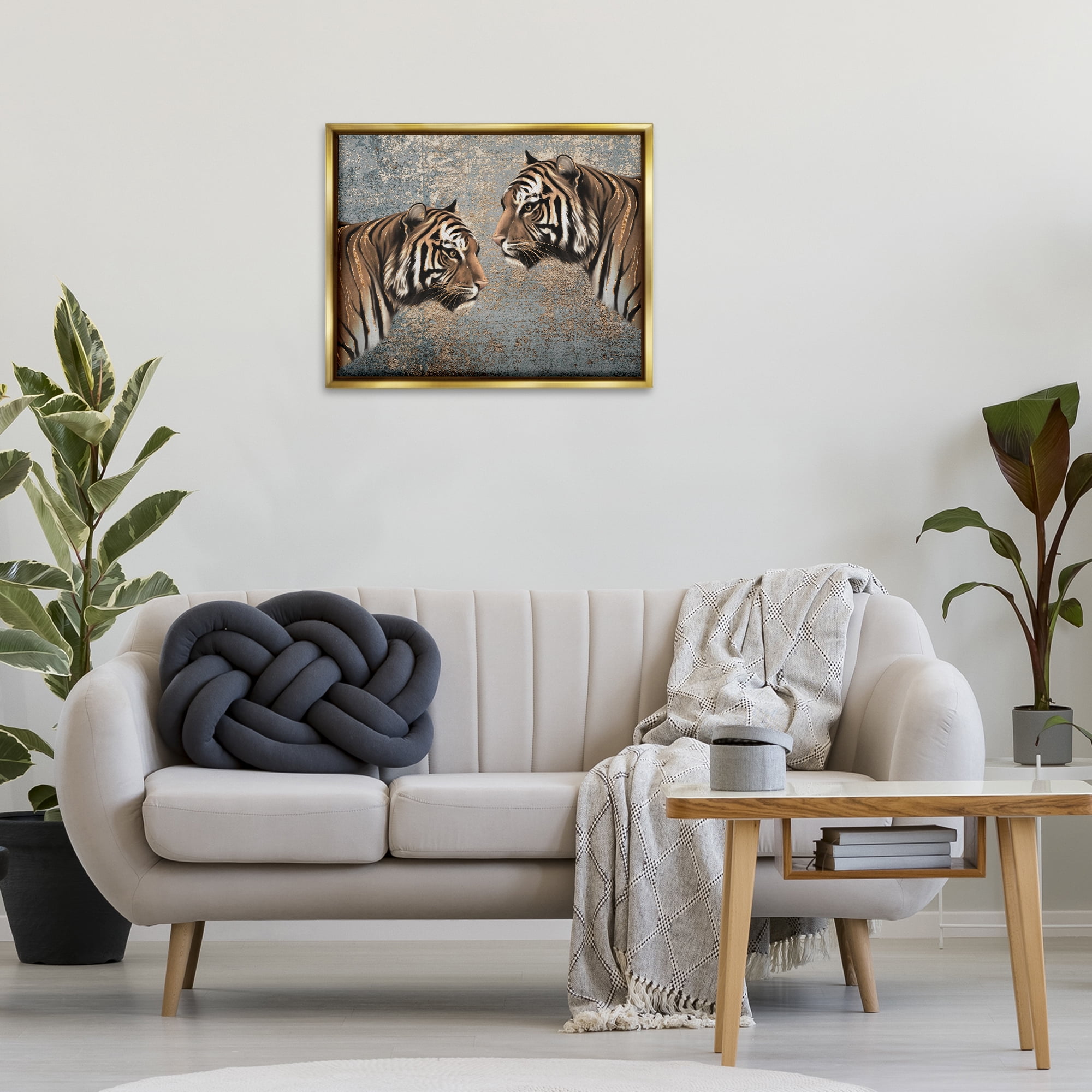 Stupell Industries Mirrored Tiger Duo Animals Painting Gold Floater Framed Canvas Art Print Wall Art, 31 x 25