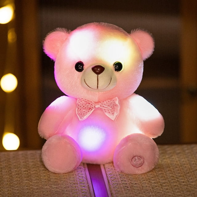 Osito de peluche con lazo luminoso que cambia de color. Ideal como regalo de Navidad o cumpleaños.