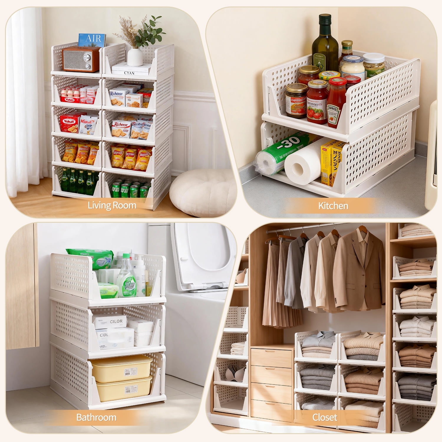 Taimasi 5 Pack Stackable Closet Storage Basket, Multifunctional Foldable Closet Organizer for Kitchen Bathroom Laundry Room Wardrobe Storage, Space-Saving Clothes Storage Drawer Organizer, White