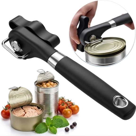 Side Cut Can Opener Smooth Edge, Safety Can Opener with Durable Sharp Blade, Big & Soft Turn Knob & Comfortable Non-Slip Handle, Black