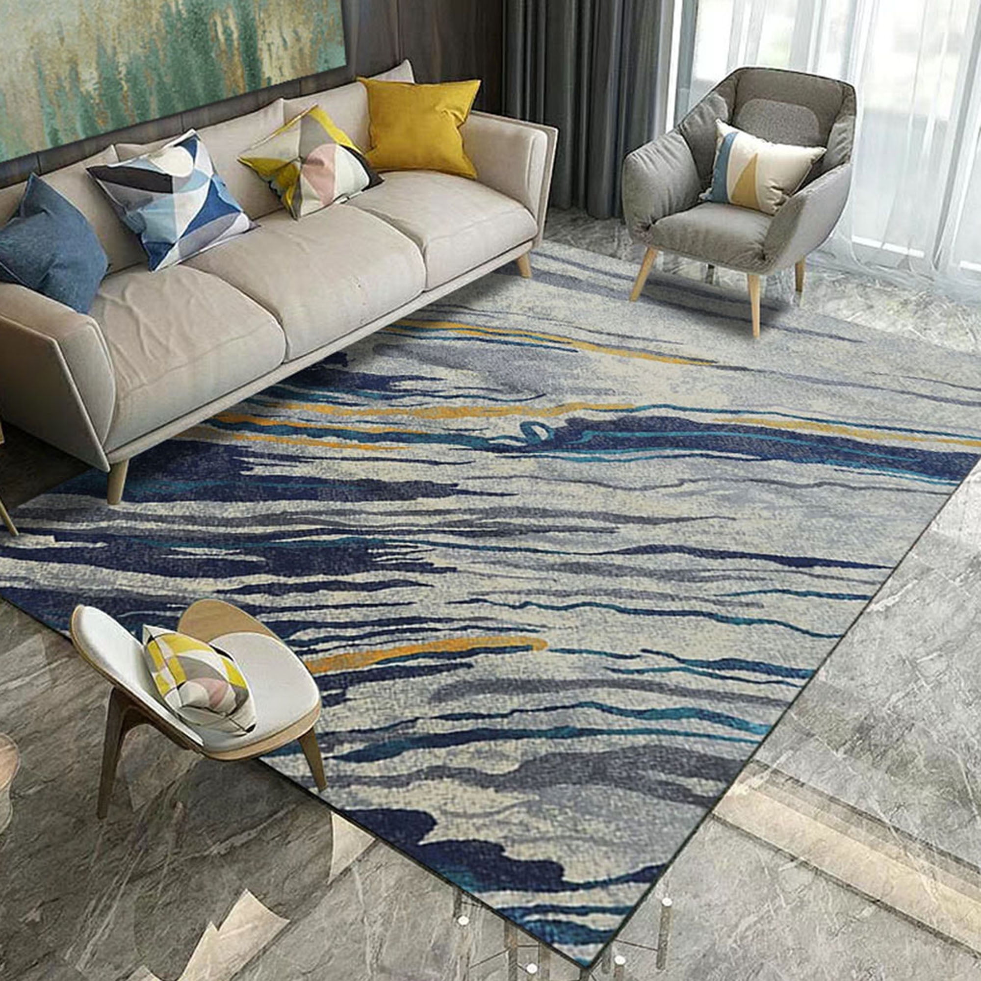 NK HOME Modern Abstract Vintage Blue Area Rug, Indoor Carpet, Bohemian, Easy Cleaning, For
