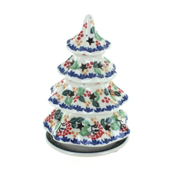 Blue Rose Polish Pottery Holly Small Christmas Tree Luminary