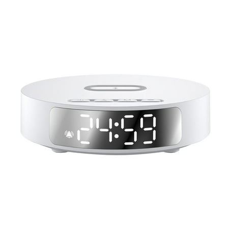 White White Round Multi Function Alarm Clock With 15W Wireless Charging Station For Ios And Android Devices Compact