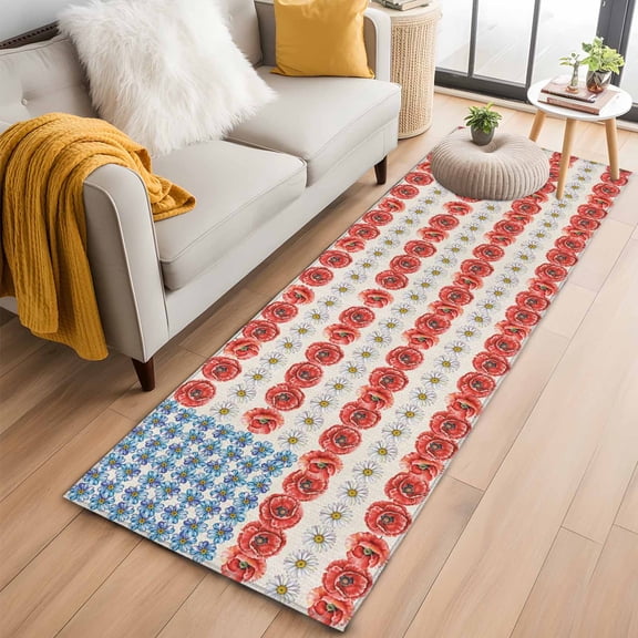 Independence Day 2'x6' Runner Rugs for Hallway Kitchen Bedside Non Slip Washable, American Flag Red Blue White Flowers Entryway Rug Runners with Rubber Backing, Long Carpet Runner for Laundry Room