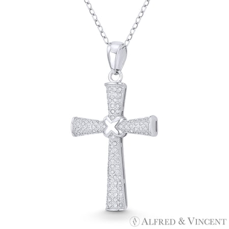 Pattée / Formée Cross Cubic Zirconia CZ Crystal Pave & "X" Rope 37x19mm (1.5x0.75in) Pendant in .925 Sterling Silver w/ Rhodium