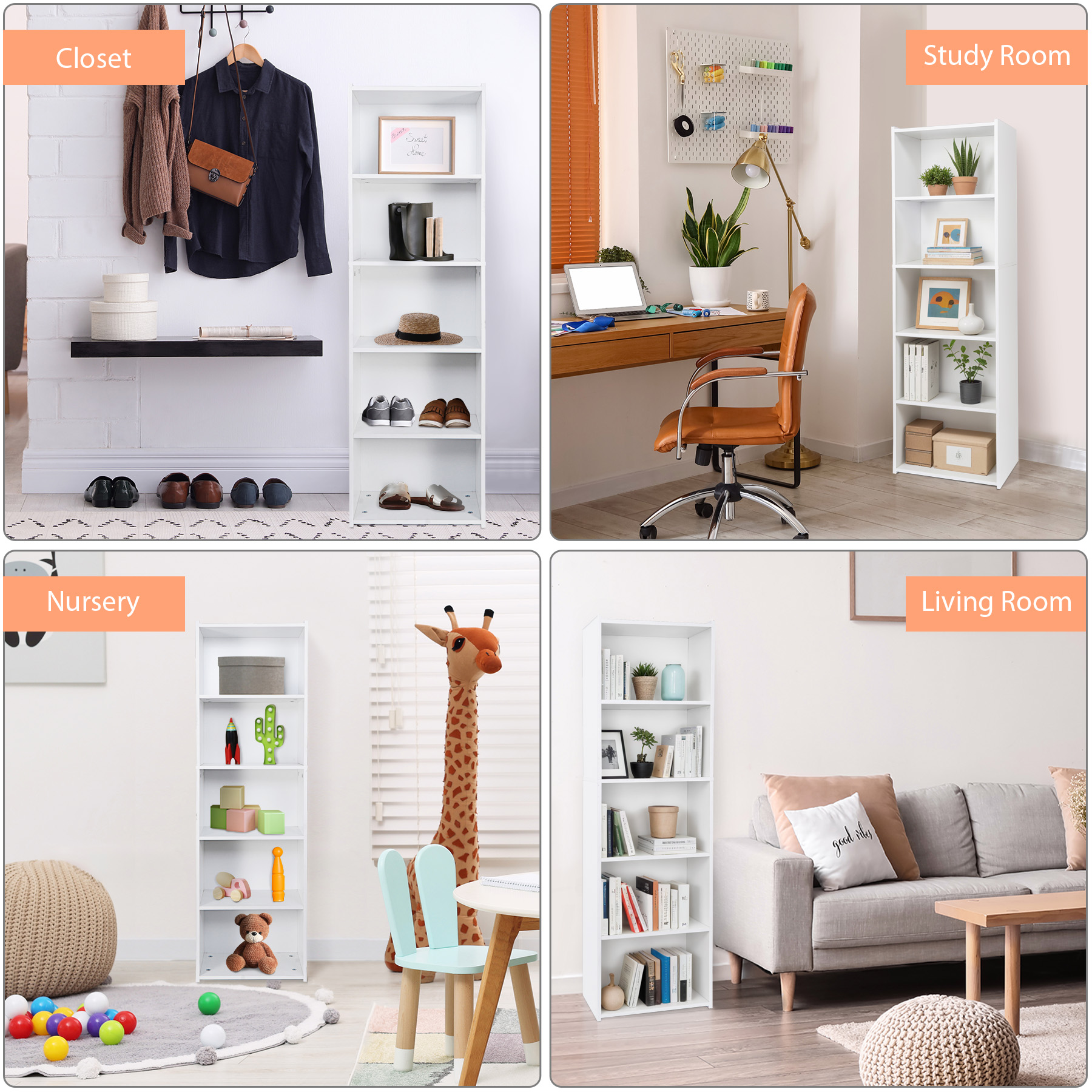HomGarden 5-Tier Open Shelf Bookcase, White photo 2