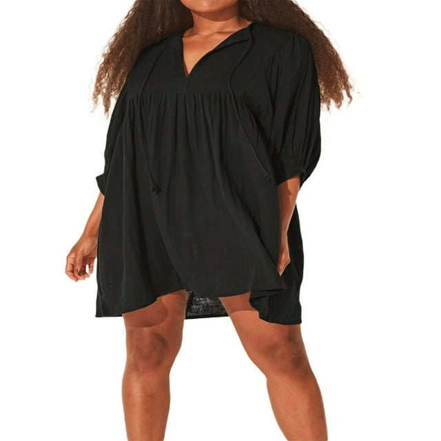 Robe Swing Couleur Unie avec Manches 3/4 pour Loungewear Femme