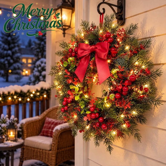 Light Up Christmas Snowman Wreaths for Front Door, Farmhouse Artificial Wreath with LED Lights, Indoor Outdoor Xmas Wreath Hanger, Christmas Decorations for Window Wall Porch, Holiday Gift for Adults