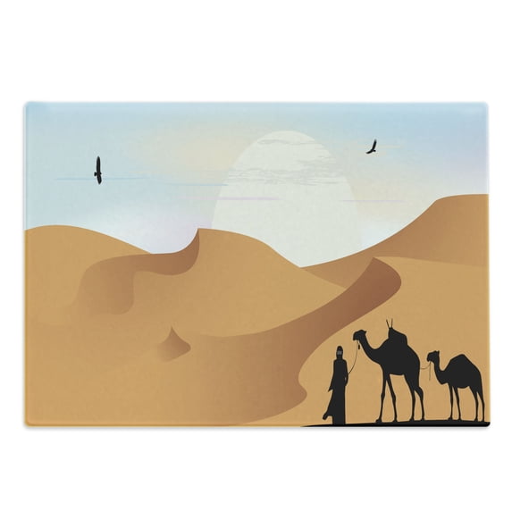 Dune Cutting Board, Camels and Man Silhouette in the Desert Sandy Hills and Sun Beaming, Decorative Tempered Glass Cutting and Serving Board, in 3 Sizes, by Ambesonne