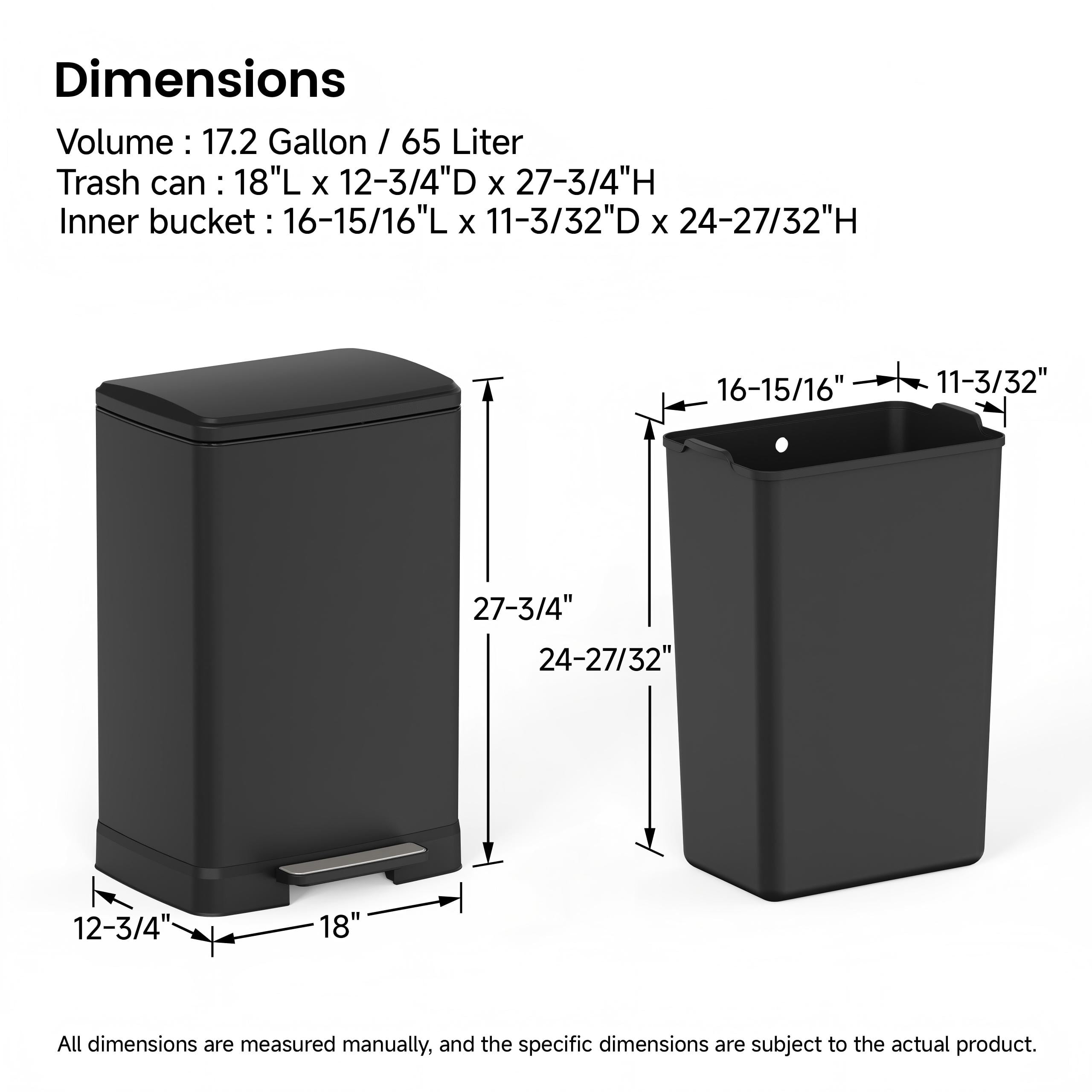 17 Gallons Pedal Trash Can with Soft Close Lid, Removable Inner Bucket & Detachable Wheels, Odor Control Slot for Kitchen Home, Black