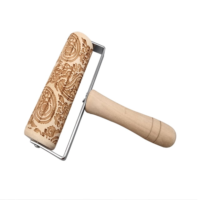 PEONAVET Rolling Pin Wooden Christmas Embossed Pattern Rolling Pin Engraved Pizza Baking Rolling Pin Christmas Baking Non-stick Christmas Pattern