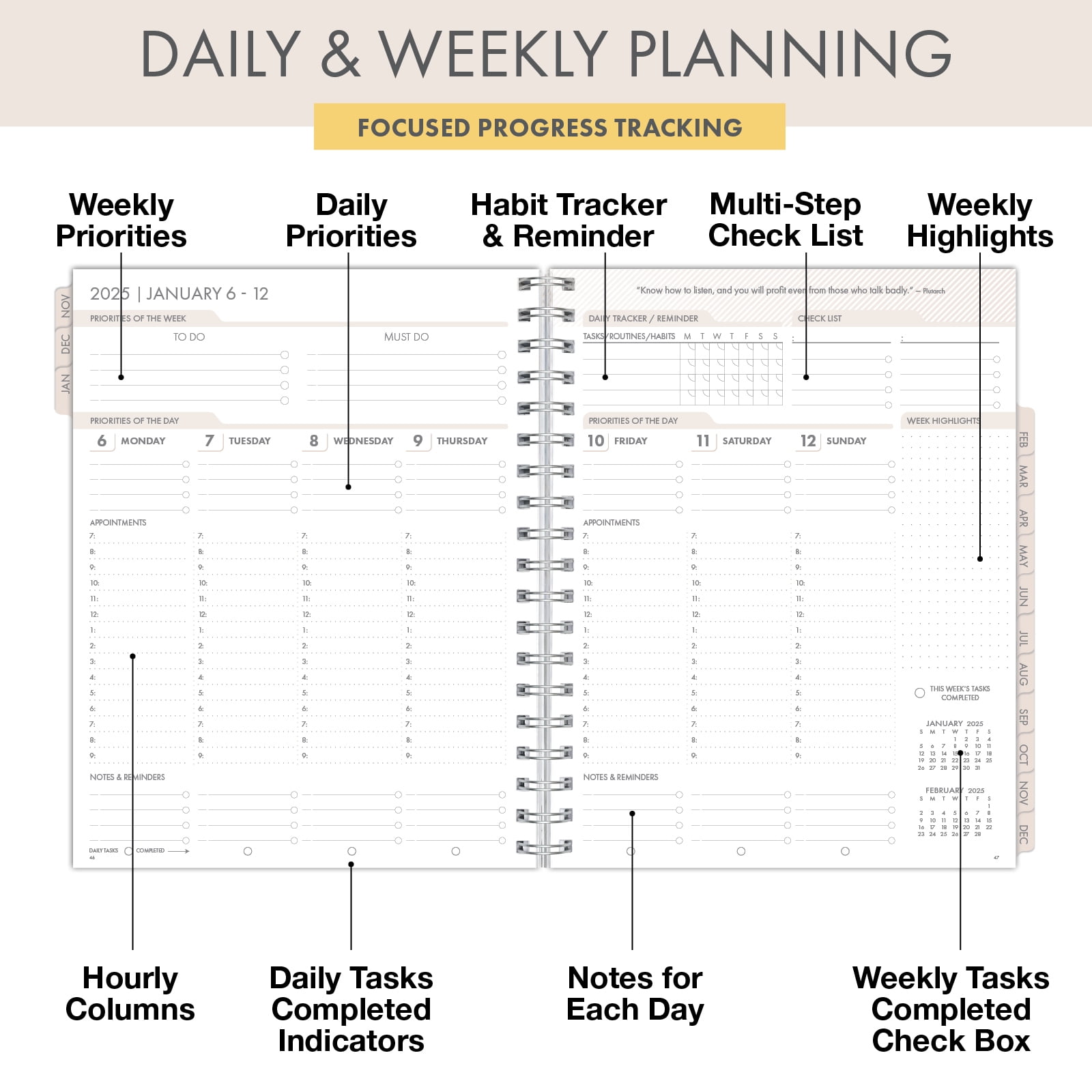 ESSENTIAL PRO 2025 Daily, Weekly & Monthly Planner, 7"x9": 14 Months (Nov 2024 - Dec 2025) Monthly Tabs,Daily Tracking,Notes Pages,Storage Pocket,Bookmark w Sticky Notes (Teal Floral)