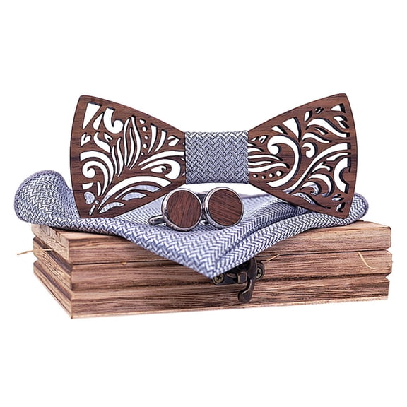 Clearance! Fdelink Manual Wooden Bow Tie Handkerchief Set Men's Bowtie Wood Hollow Carved and Box, Wooden Bow Tie (Grey)