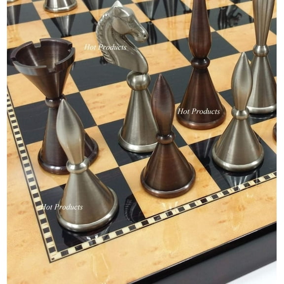 Brass Metal Art Deco MODERN Staunton Chess Set W/ 15" WALNUT Color BOARD