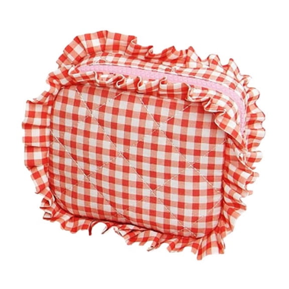 Stylish Quilted Travel Makeup Organizer Bag Set with Ruffle Gingham Design for Women Girls Cosmetic Storage Pouch
