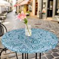 thumbnail image 4 of Light Blue Teal Fitted Tablecloth with Elastic Edged, Round Table Cloth for Dining Table, Retro Botanical Abstract Art Waterproof Oil Proof Table Cover for Indoor Outdoor 55"-60", 4 of 8