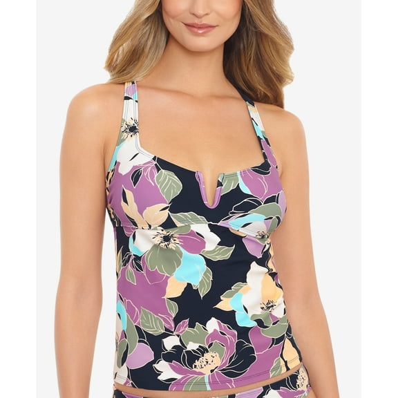 Salt Cove Junior's Midnight Bloom V Wire Tankini Top Swimsuit Black Size X-Large