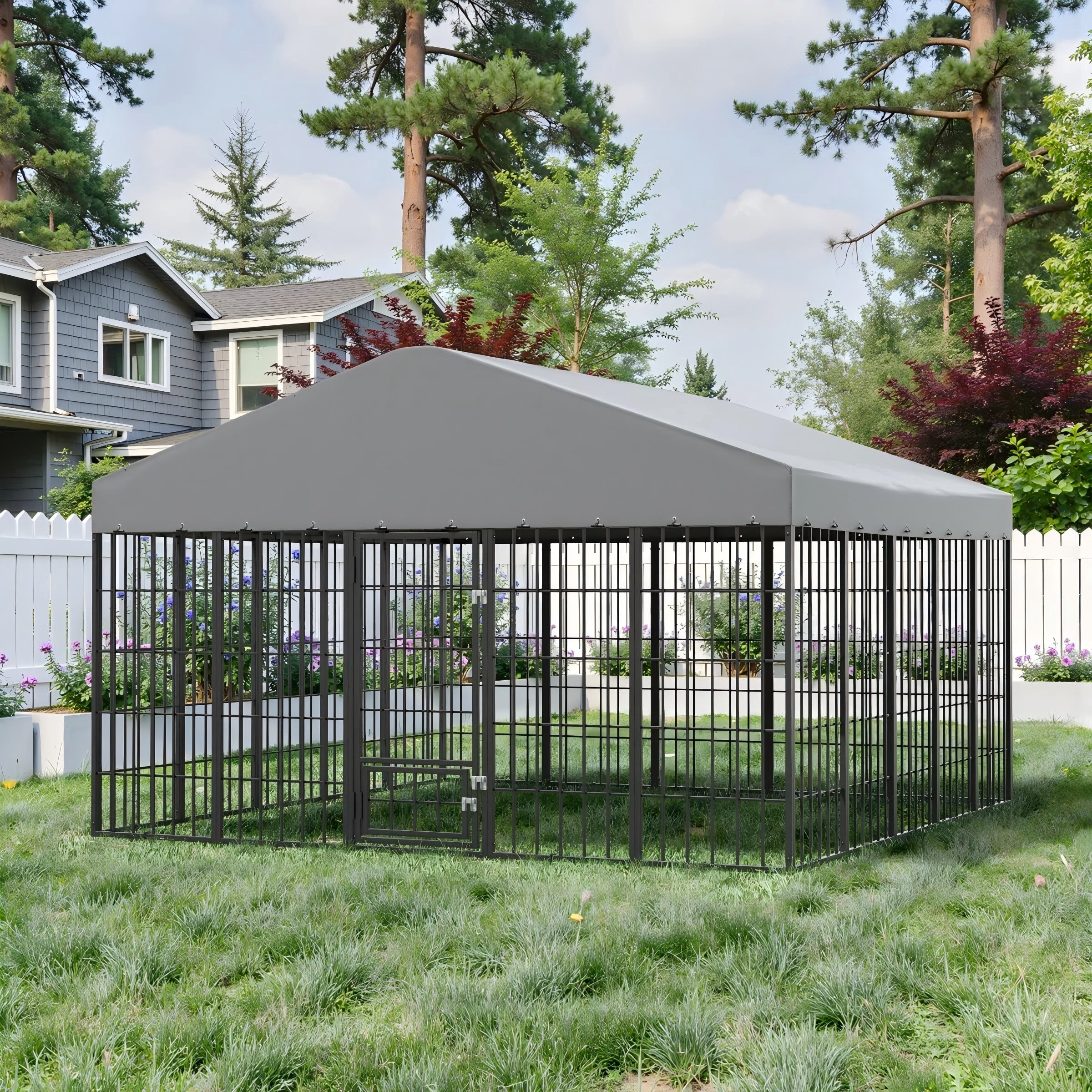 Gotland Large Outdoor Dog Kennel,118" L x 117" W x 75" H Heavy-Duty Modular Dog Cage with Waterproof Cover, UV-Resistant Roof, Anti-Rust Outdoor Dog Fence w/Double Security Locks for Backyard