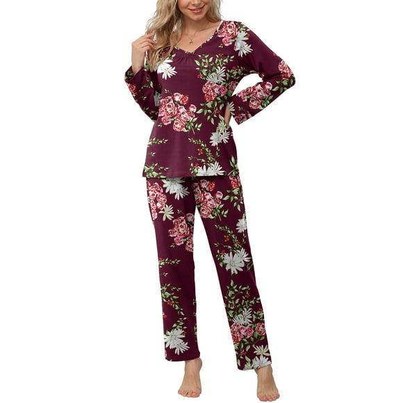 Anygrew Ensemble de Pyjama pour Femme, Chandails à Manches Longues et Pantalons Longs, Pyjama 2 Pcs, Vêtement de Nuit avec Poches